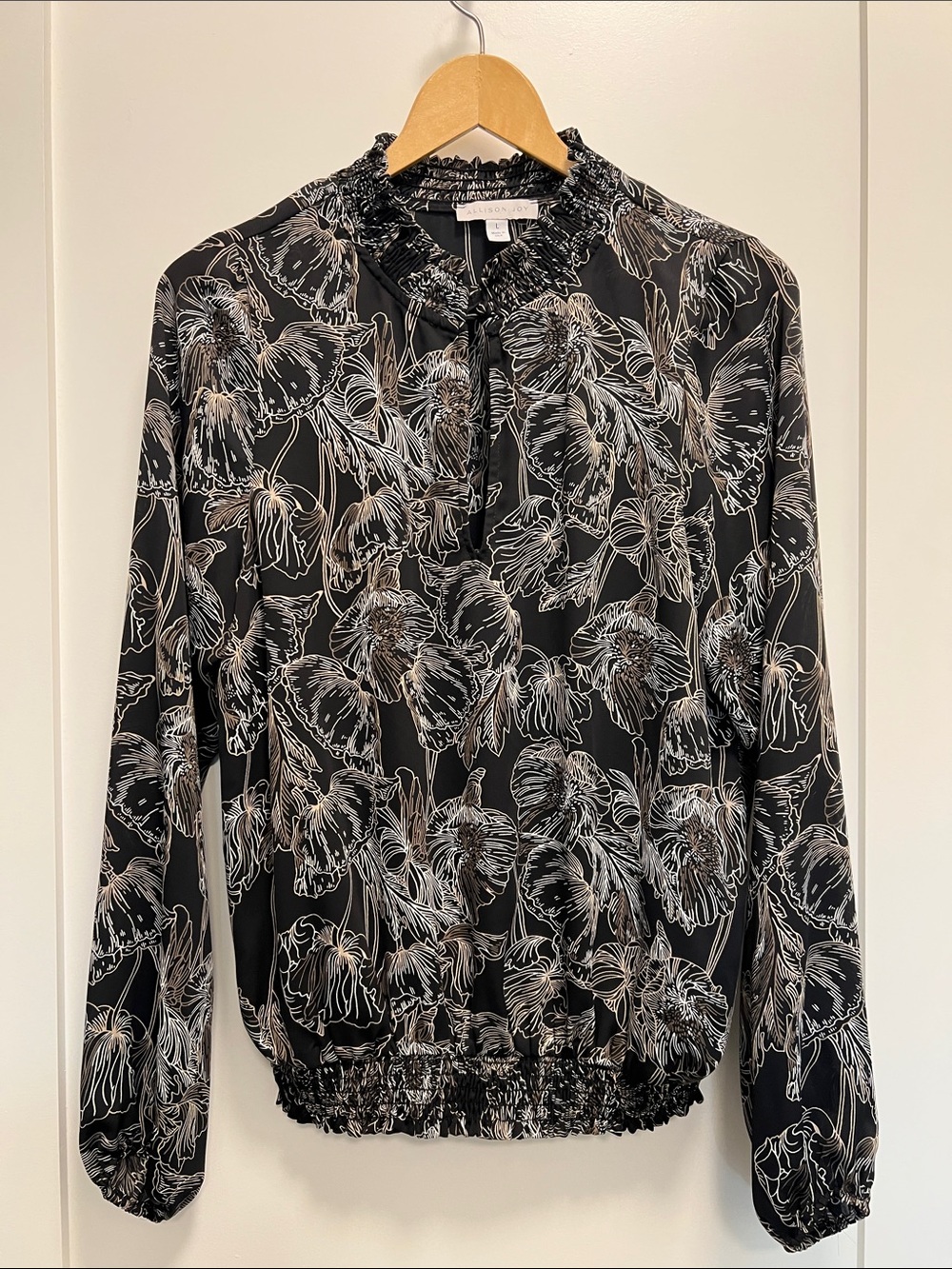 Allison Joy Black Blouse with White and Beige Floral Line Print